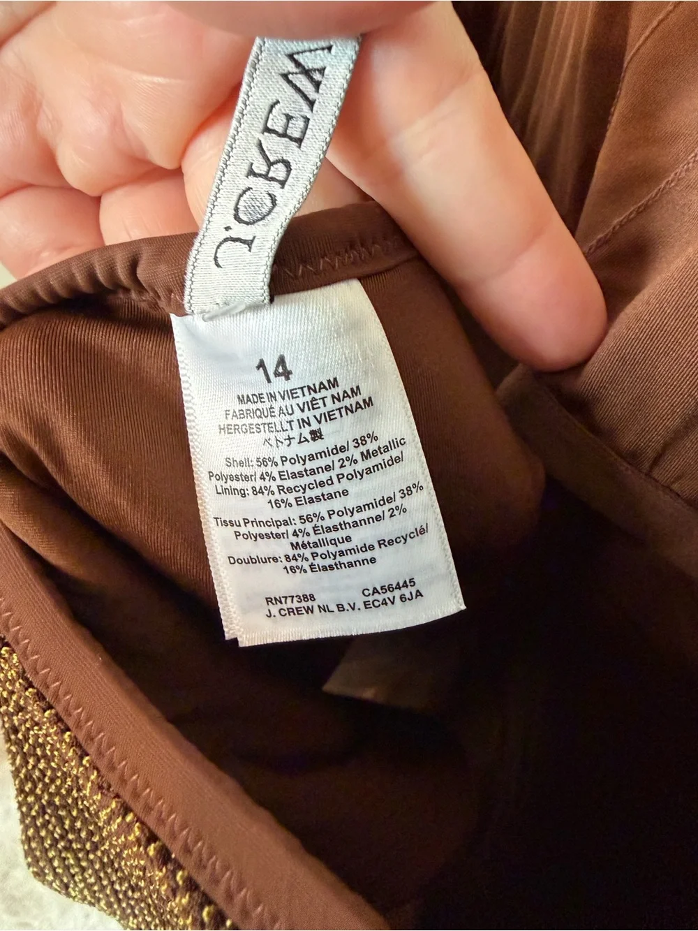 J.Crew Claudia Metallic Scrunchie One-Piece Swimsuit in dark twig brown 14
